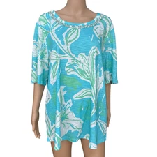 Chico’s draft floral beaded neckline elbow sleeve t-shirt sz XXL NWT