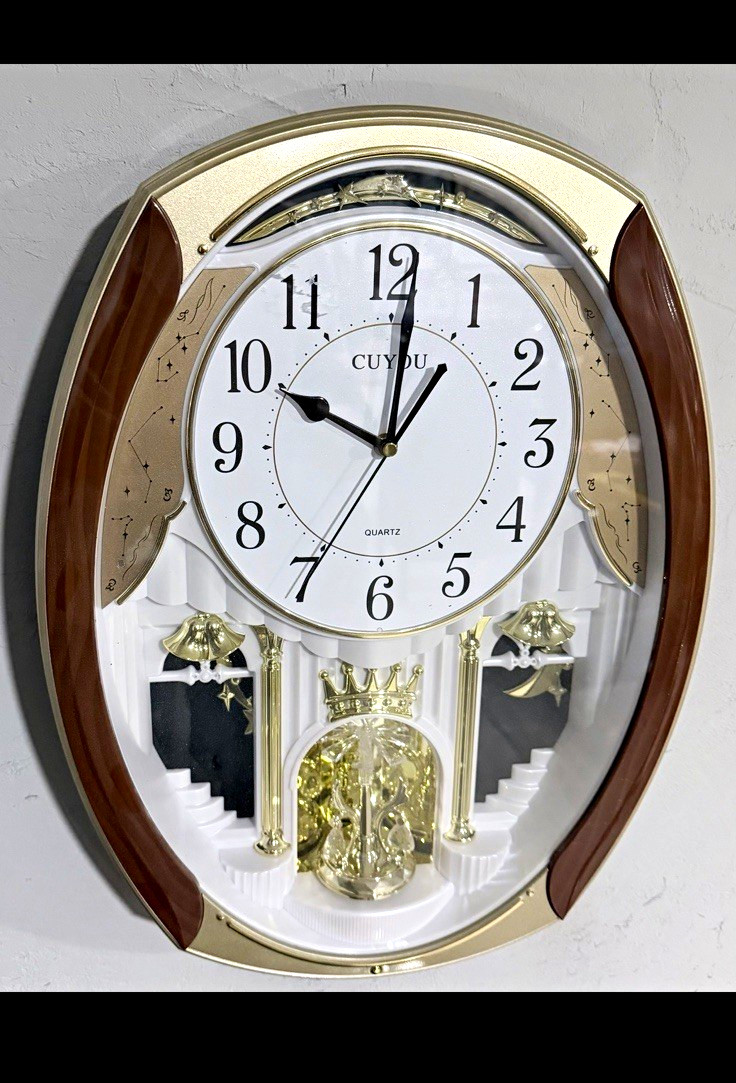CUYOU Quartz Analog Oval Wall Clock Pendulum Arabic Numerals Gold Brown White