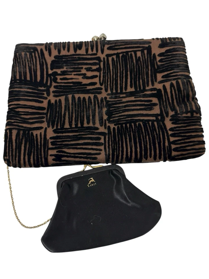 Elegante monedero y bolso de mano vintage con forro de satén de seda marrón y negro con broche Koret Foto 4 de 4