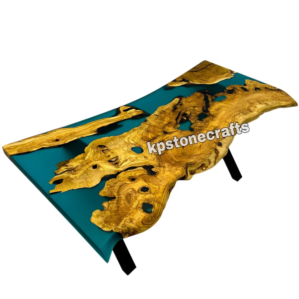 Turquoise Ancient Olive Epoxy Resin Dining Live Edge Table- Dining table/ sofa t - Image 3 of 4