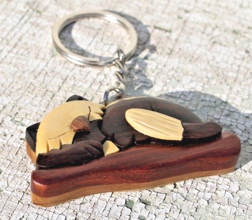 Hand Carved Wood Inlay Sleeping Kitty Keychain, 2.5” long x 1.25” tall New - Picture 3 of 6