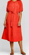 WOMENS L PROLOGUE ROUND NECK 1/2 SLEEVE 2-POCKET BELTED LOOSE FITTED DRESS, RED
