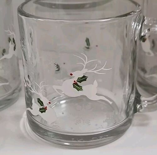 VTG Libbey Leaping Reindeer Snowflake Christmas Mugs 3 & Bowl Made in USA Winter - Picture 4 of 11