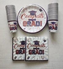 FREE 2025 Year Red & Blue Graduation Party Paper goods Plates Cups 24 Guests 120