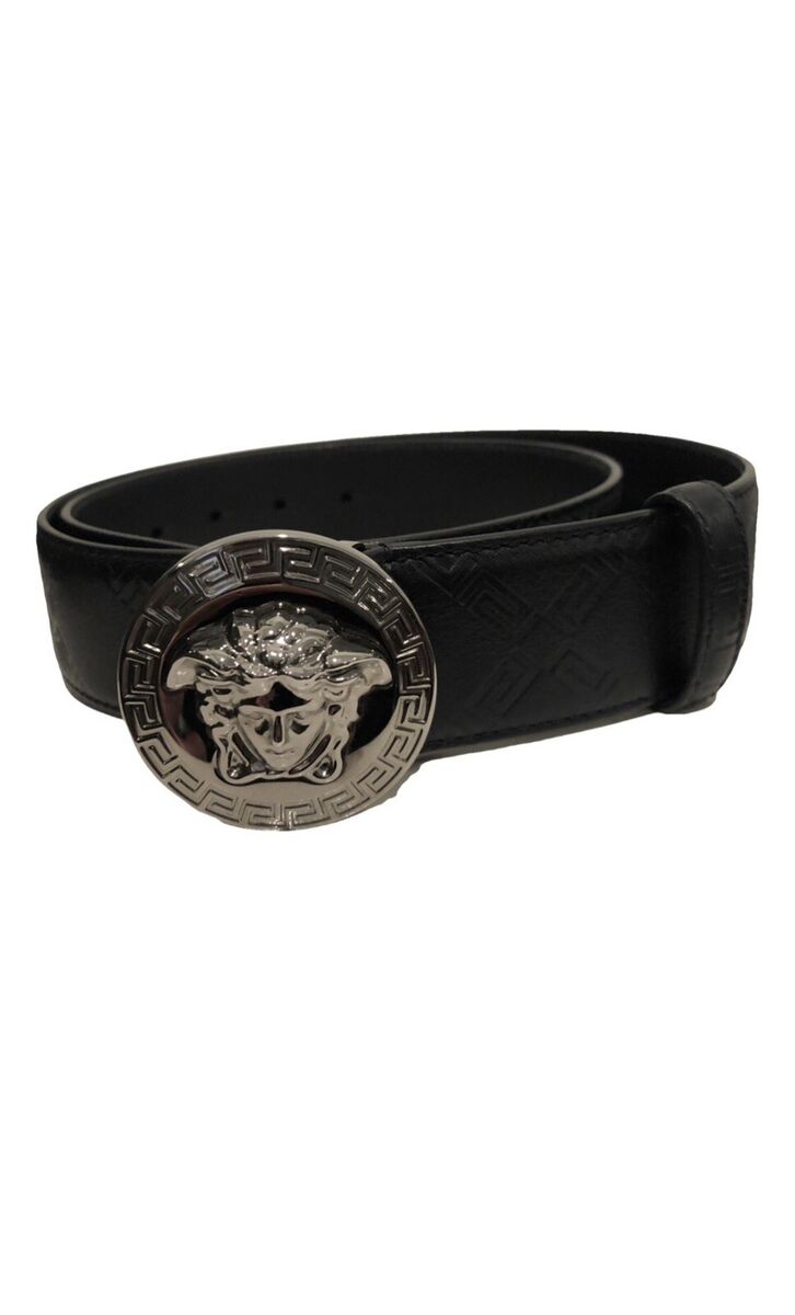 Authentic Silver Round Medusa Buckle Black Leather Men's Authentic Silver Round Medusa Buckle Black Leather Men's
