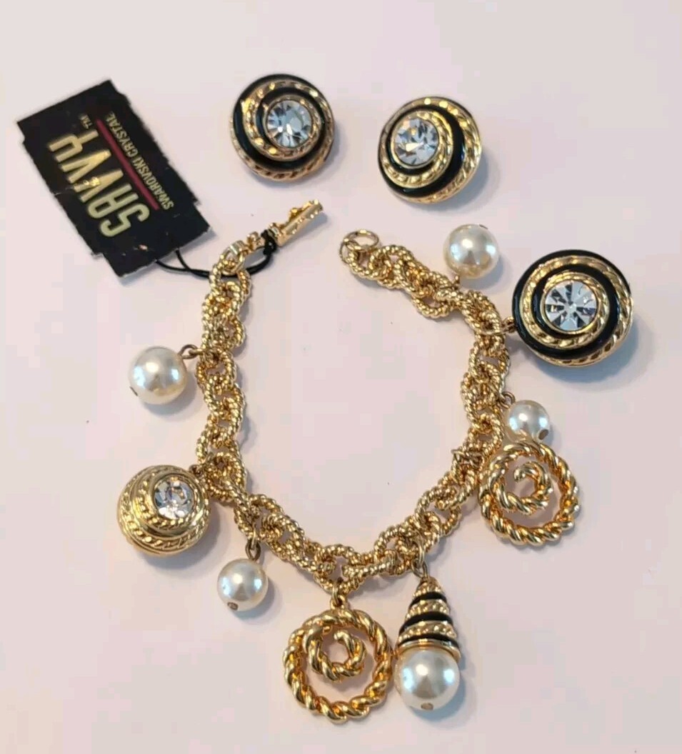 Vintage Swarovski Gold Crystal Pearl Enamel Charm Bracelet 