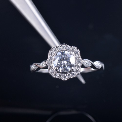 Vintage Moissanite Natural Diamond Ring Solid 14 karat White Gold Jewelry - Picture 8 of 9