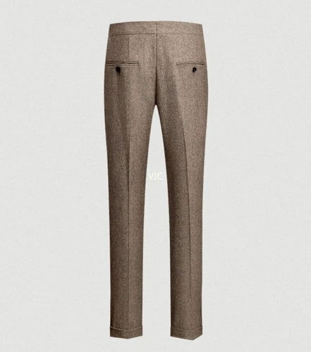Retro Men's Tweed Herringbone Pants Woolen Casual Business Trousers Slim Fit UK - Picture 12 of 23
