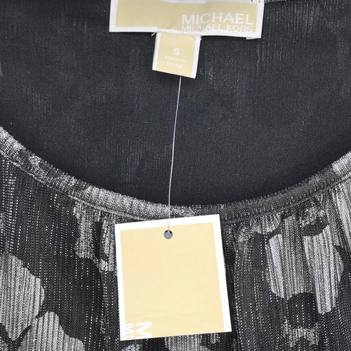 Michael Kors Floral Metallic Cold Shoulder Top Womens S Black Gray Silver Ruffle - Picture 11 of 14