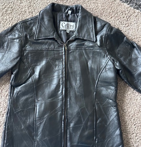 Cellini LEATHER COLLECTION Black Soft Mosaic Patch Leather Women Coat Jacket M - Picture 3 of 10