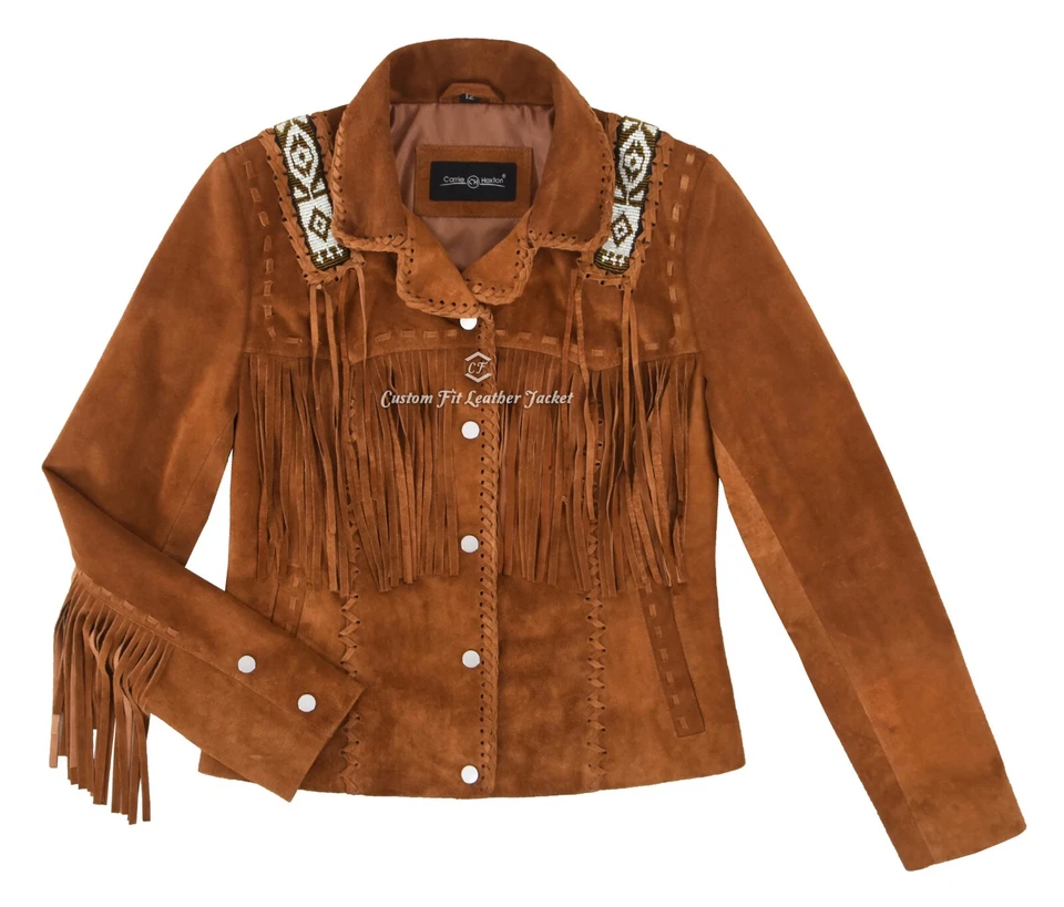 Women's Western Cowgirl Suede Shirt Fringes With Beads Style Real Leather Jacket - Image 3 of 4