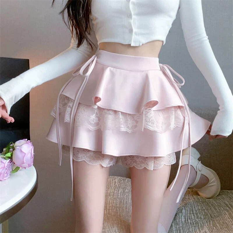 Korean Women Retro Harajuku Sweet High Waist Bow Ruffle Skirt Mini Skirt