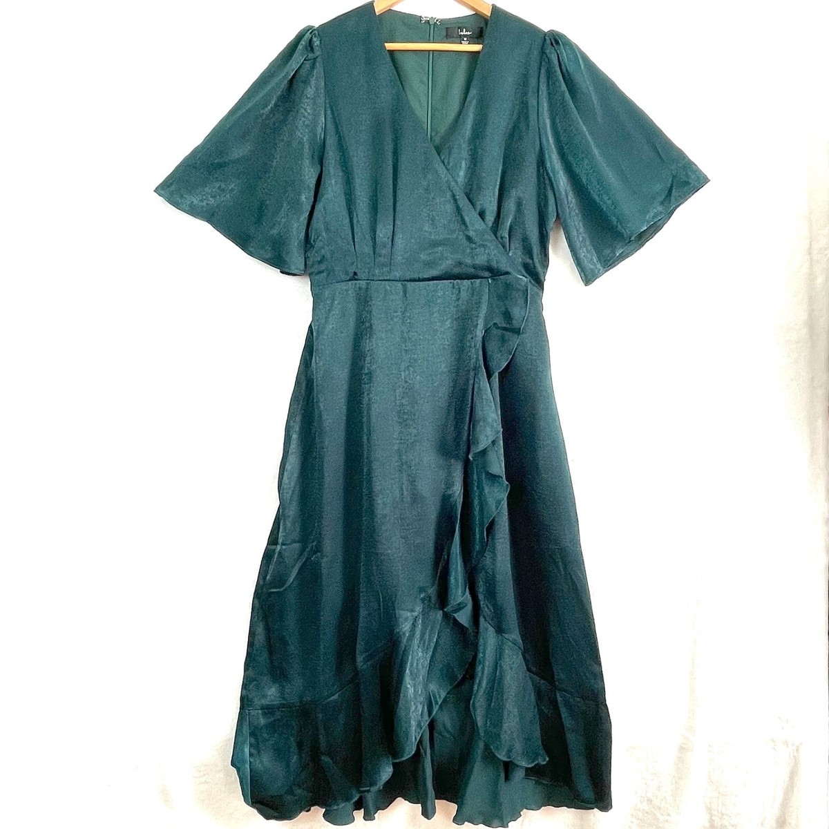 lulus green ruffle dress NEW Wrapped Up In Love Faux Wrap Satin Wedding Midi M collection-Reading