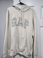 Gap XXL Men's Beige Cotton Fleece Logo Hooded Pullover Hoodie w/ Pockets