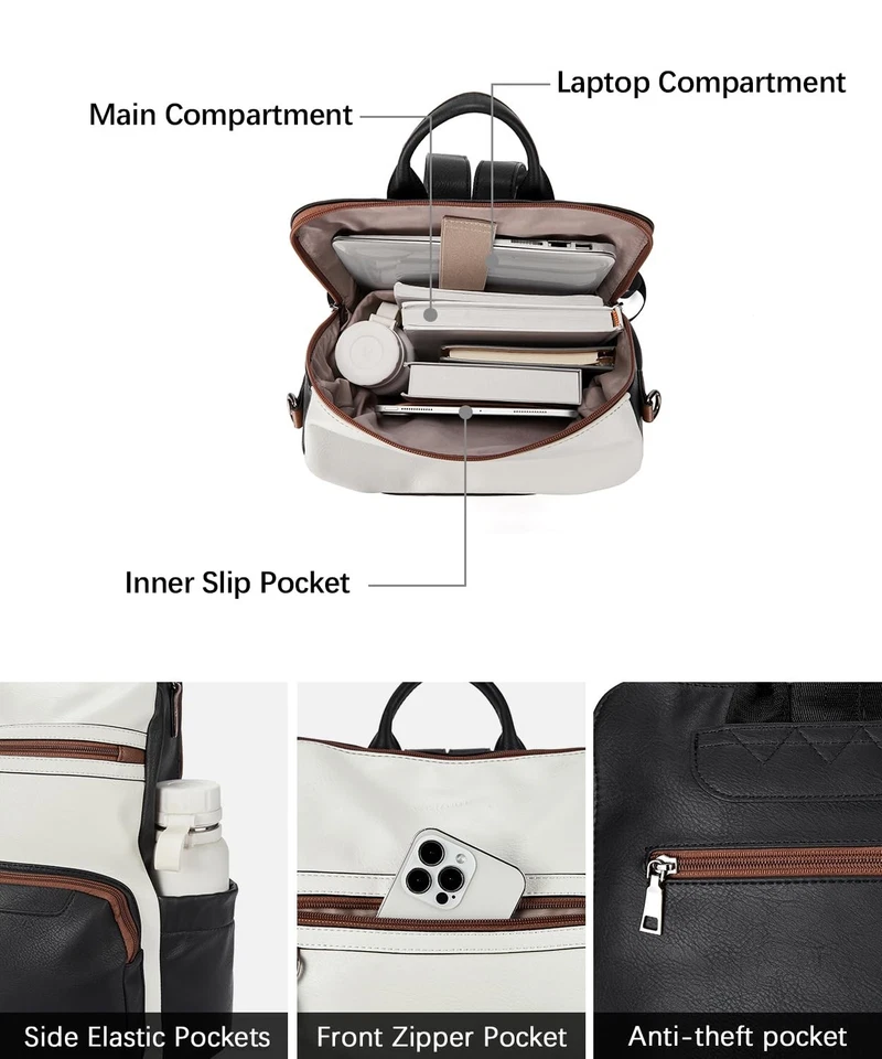 BOSTANTEN 皮革笔记本电脑背包女式设计师旅行背包带翻领... — 第 3/4 张图片