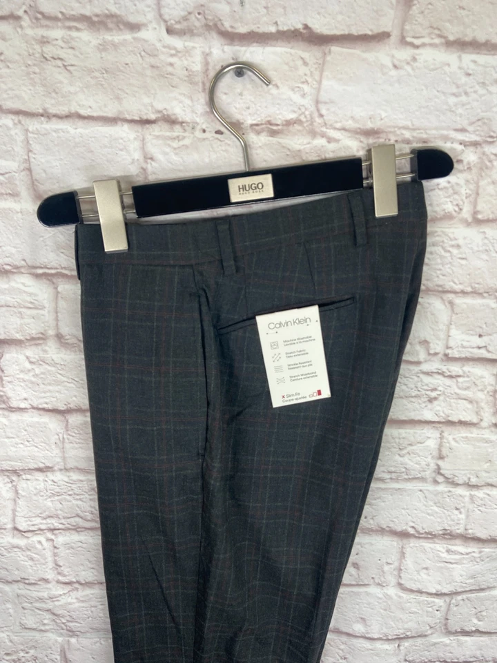 Nuevo Pantalones/Pantalones CALVIN KLEIN Para Hombres Gris Overcheck SLIM FIT STRETCH 32x32 Foto 2 de 4