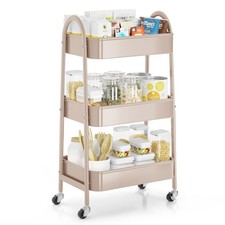 3 Tier Rolling Large Metal Storage Cart Organizer Mesh Wheels Trolley Beige