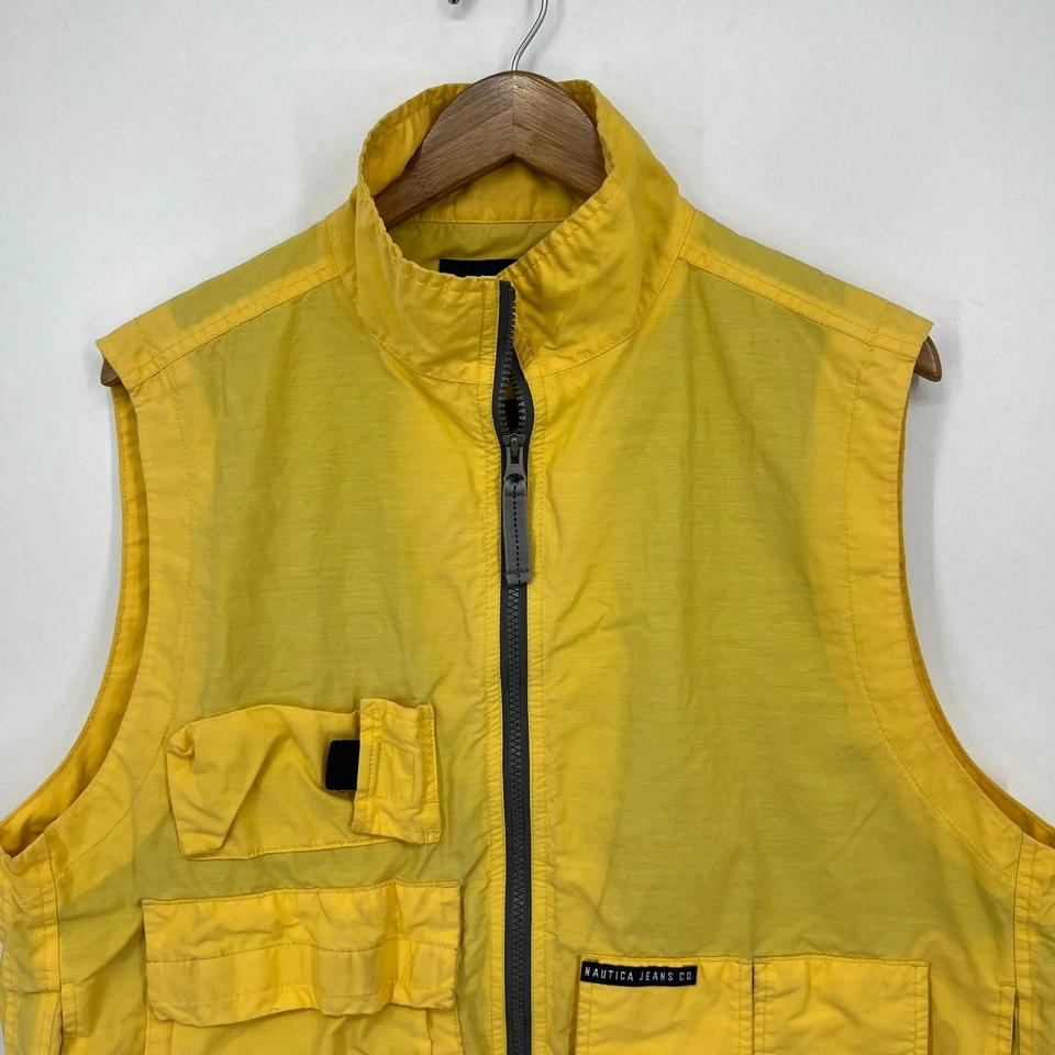 Nautica Jeans Co. Full Zip Vest Men's M Yellow Tactical Safari Pockets Vtg 90s - Image 2 of 4