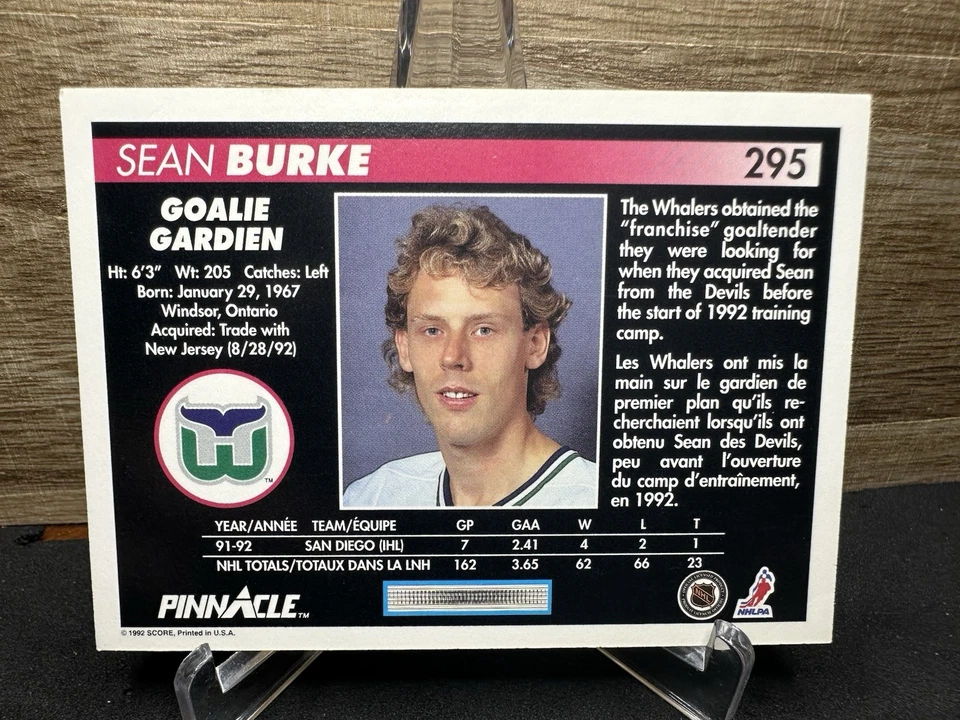 1992-93 Pinnacle Sean Burke #295 In-Person ON-CARD AUTO - Image 2 of 2
