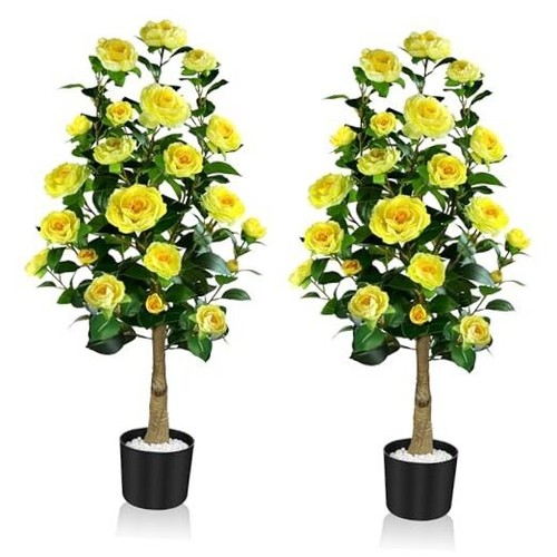 Artificial Camellia Tree 39", 2 Pack Artificial Plants & Flowers, 3.25 FT Tall