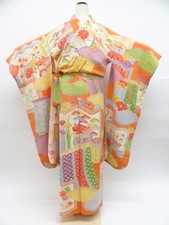 Japanese Vintage Kimono Furisode Silk Chirimen Made in Japan eb-1704