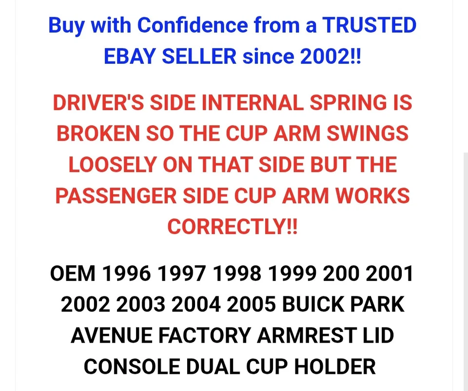 ✅OEM 96-05 BUICK PARK AVENUE REPOSABRAZOS DE FÁBRICA TAPA CONSOLA PORTAVASOS DOBLE ¡LEER!! Foto 2 de 4