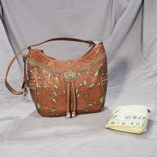 American West Hobo Bag Leather Brown Green Tooled Concho Stud Fringe Western