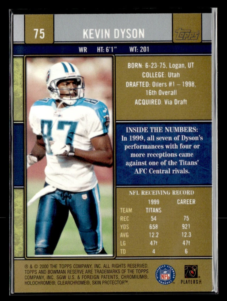 2000 Bowman Reserve #75 Kevin Dyson Card Tennessee Titans - Image 2 of 2