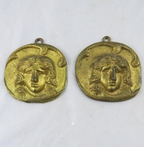 Pair 19th C Bronze Face in Relief Hanging Medallions 4-1/4" x 5-1/2"