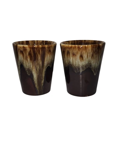 Set of 2 Vintage 3.5" Stoneware Studio Pottery Cups Mugs Brown Drip Glaze #2