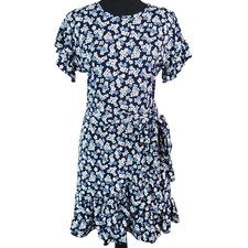 Michael Kors Blue White Floral Wrap Dress Ruffle Flutter Sleeves Summer XS Flowy