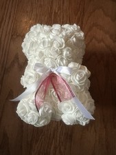Floral Romantic Rose Teddy Bear, 9.5 Pink,Purple,OR White Satin Bow,White Roses