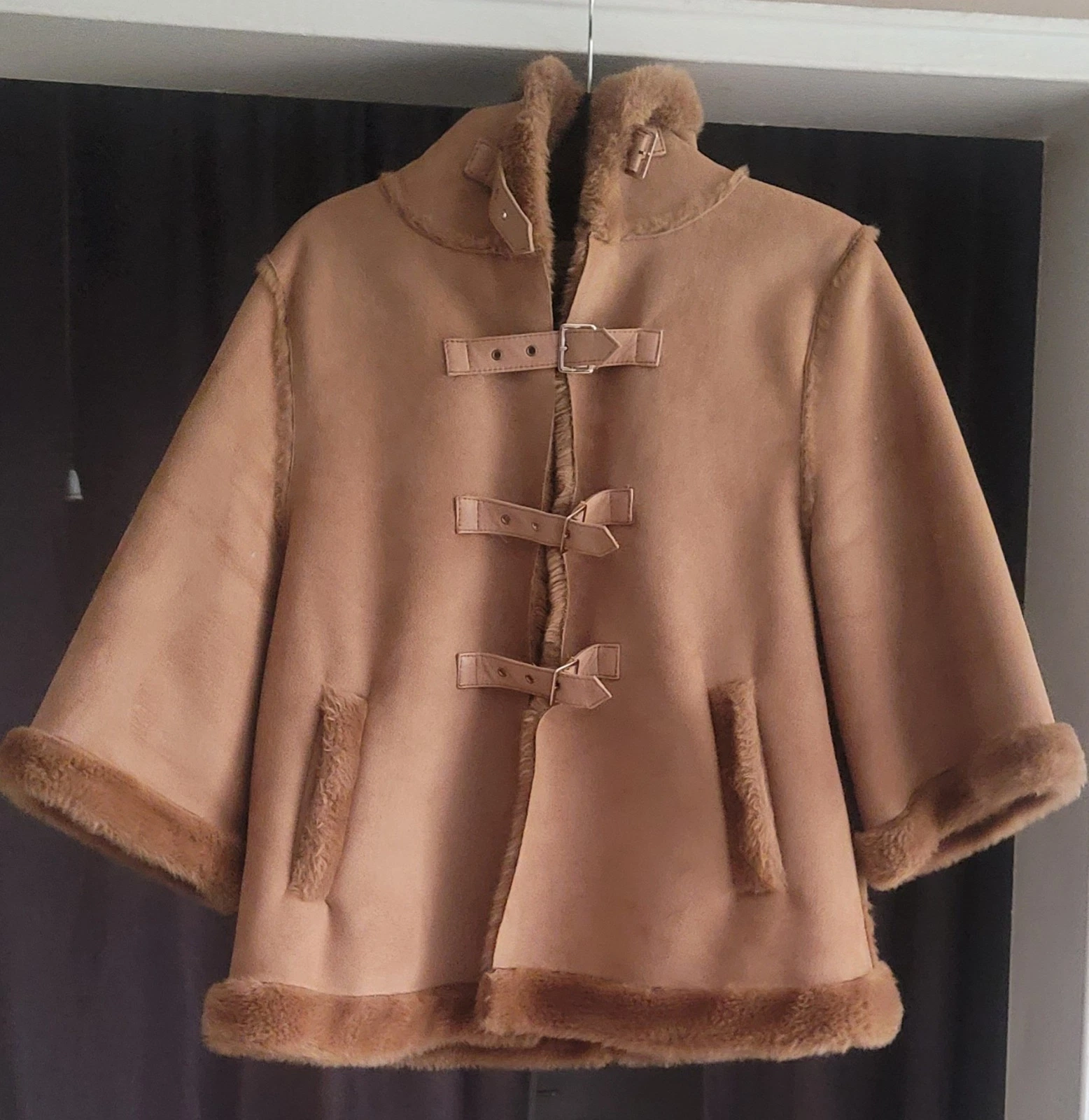 Synchronicity Faux Suede Brown Poncho Coat Lamb Fabric Warm Size Medium