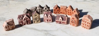 9 Clay Village Buildings Redware Clay Pottery Vintage Hand Made Miniatures