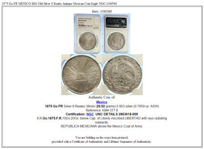 1875 Go FR MEXICO BIG Old Silver 8 Reales Antique Mexican Coin
