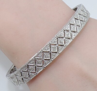 Sterling Silver 0.50ctw. Diamond Filigree Etched Kick Hinged Cuff Bracelet LND2
