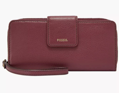 Fossil Madison Zip Clutch Red Wine Leather Wristlet SSWL2228609