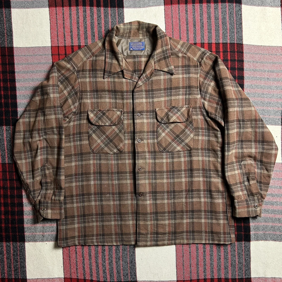 Vtg 60s Pendleton Board Shirt Plaid Wool Loop Collar Bias Flap
