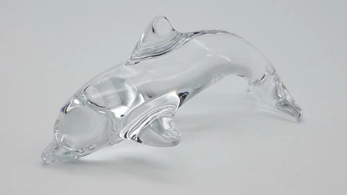 Daum Crystal, France Signed Clear Dolphin Diving Figurine Paperweight, 5 1/4"