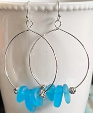 Silver with Blue Sea Glass Dangle Hoop Earrings. Beach.