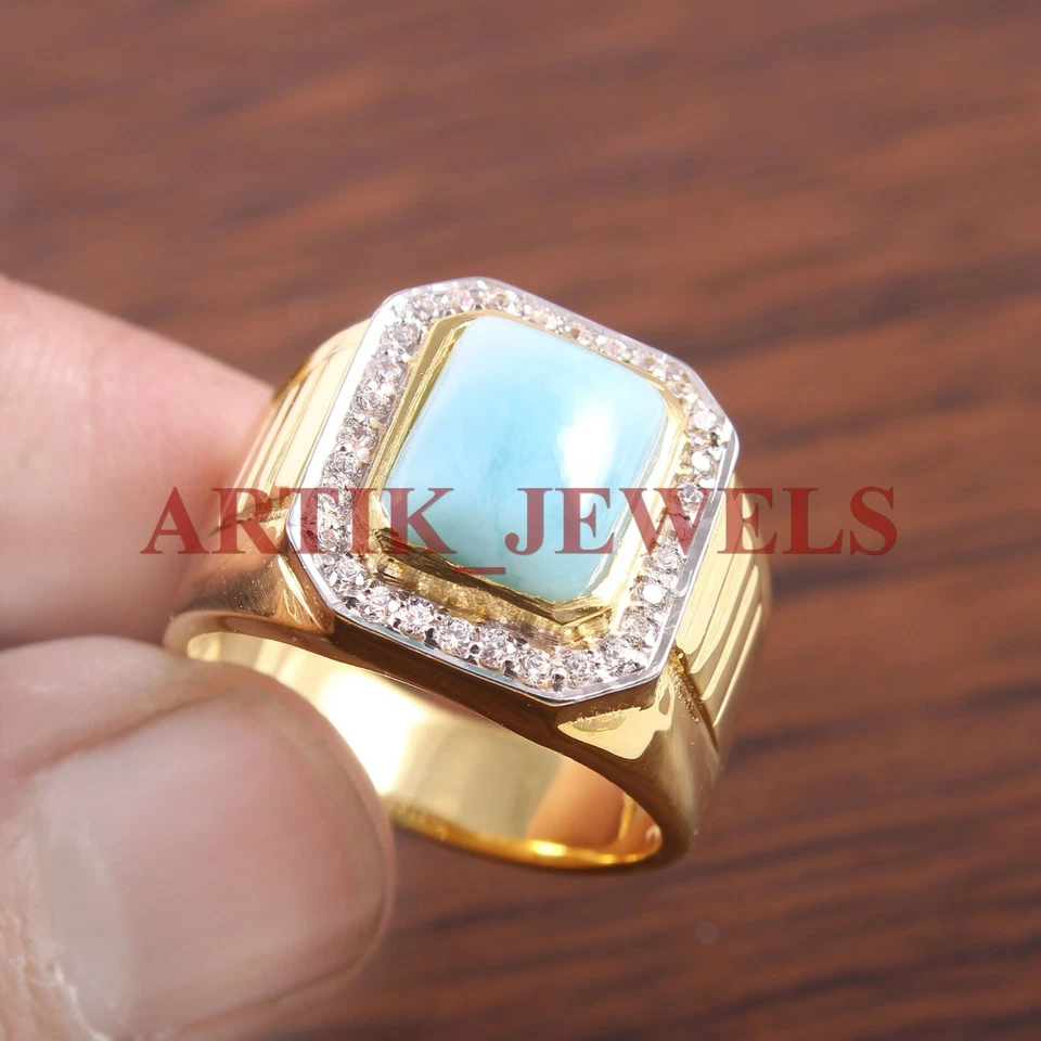 Anillo para hombre de plata de ley 925 chapado en oro con piedras preciosas naturales de Larimar #2807 Foto 2 de 3
