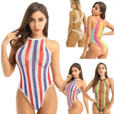 Womens One Piece Bodysuit Bikini Mesh Sheer Rave Thong Swimsuit Rainbow Clubwear