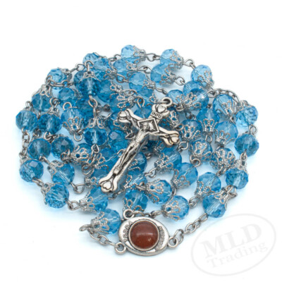 Light Blue Rosary Necklace   8mm Faceted Beads   Catholic Holy Jerusalem Center
