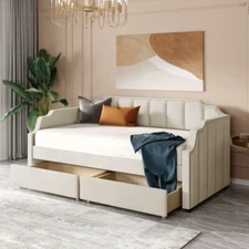 Daybed With Drawers Upholstered Sofa Bed Storage Bed Frame For Living Room Beige