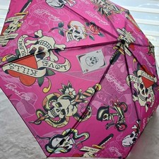 Ed Hardy Love Kills Slowly Hot Pink Auto Open Close Compact Umbrella - NWT