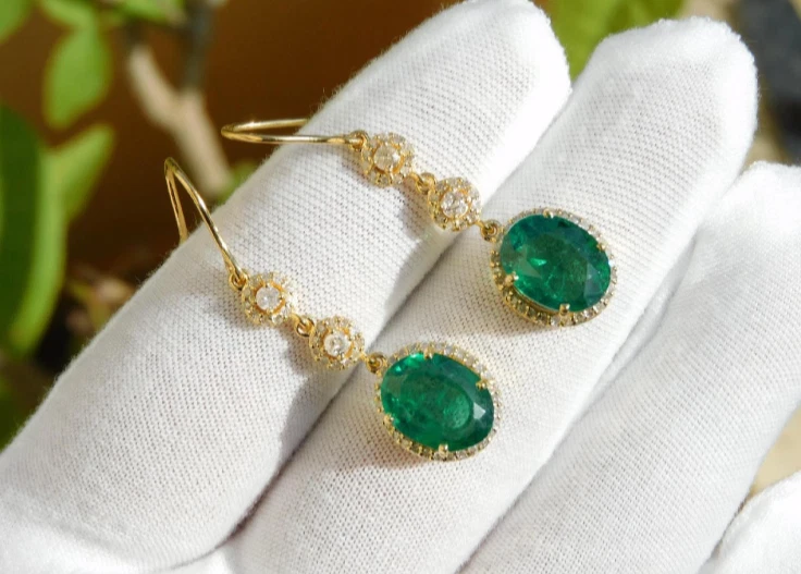 Certified Emerald Diamond Earrings Drop Dangles Emerald Earrings 14k Solid Gold