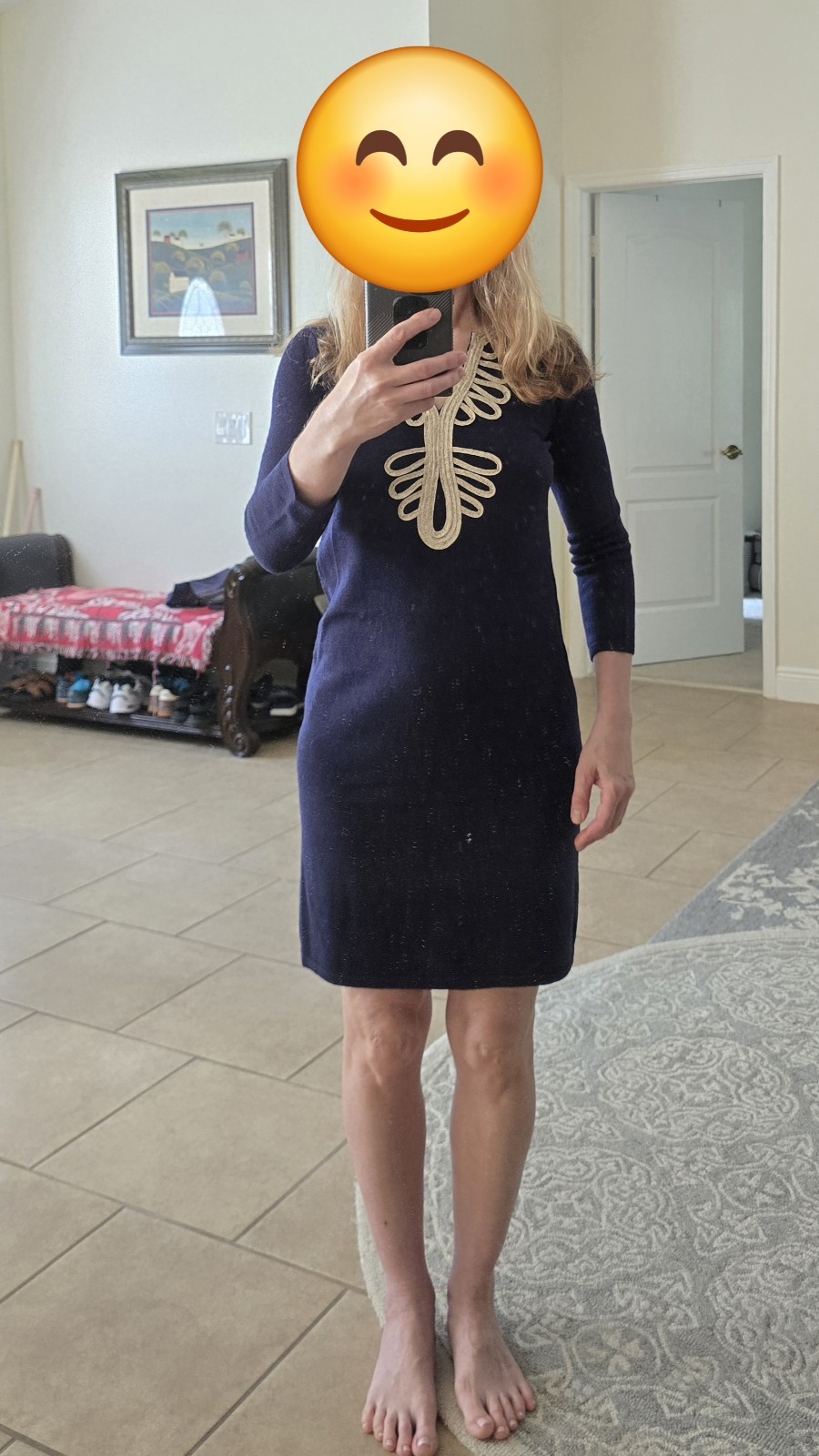 LILLY PULITZER XS Devlin Shift Dress Navy Blue Merino Wool Gold Knit Sweater