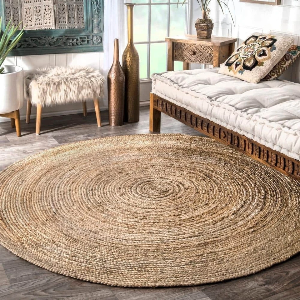 Jute Area Rug Natural Tan Beige 6 ft. Farmhouse Medium Sized Round Hand Woven - Image 2 of 4