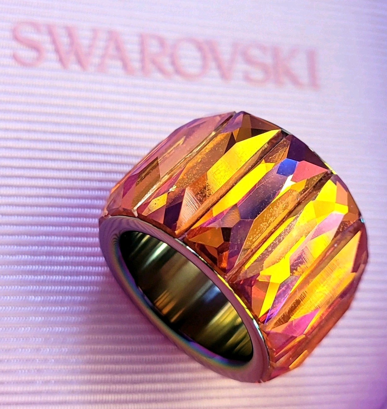 Swarovski *RRP £175* Curiosa Cocktail Ring Baguette Cut Pink Red Orange Size 52