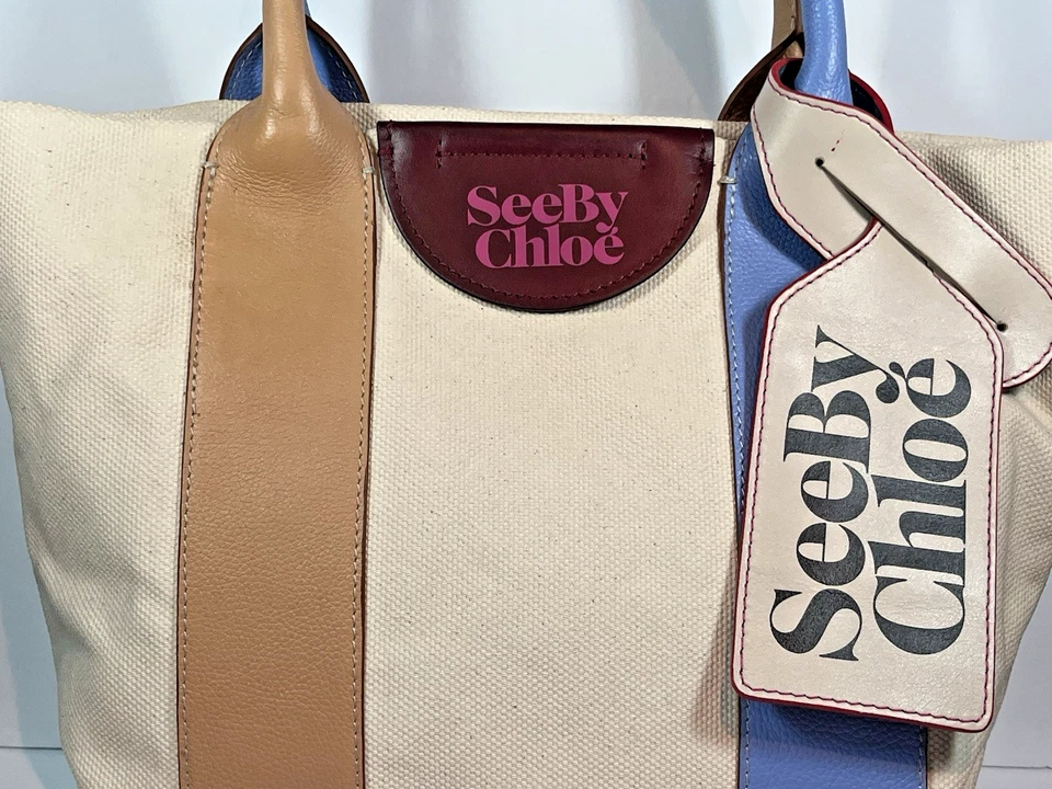 NUEVO Bolso de Mano See by Chloe Laetizia de Lona y Cuero Azul Persa Foto 2 de 4